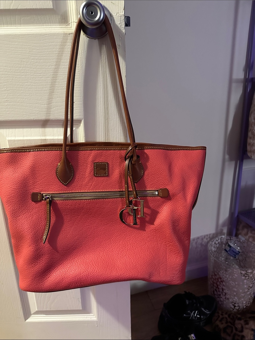 Dooney & Bourke Coral Peach Tote with Brown Trim and Leather Straps